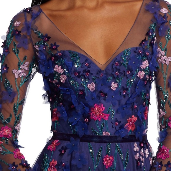 Blue silk Theia gown, appliquéd with handmade flowers, sz 10, Saks, never worn - Picture 9 of 10